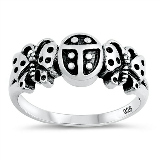 925 Sterling Silver Ladybug and Butterfly Ring 
